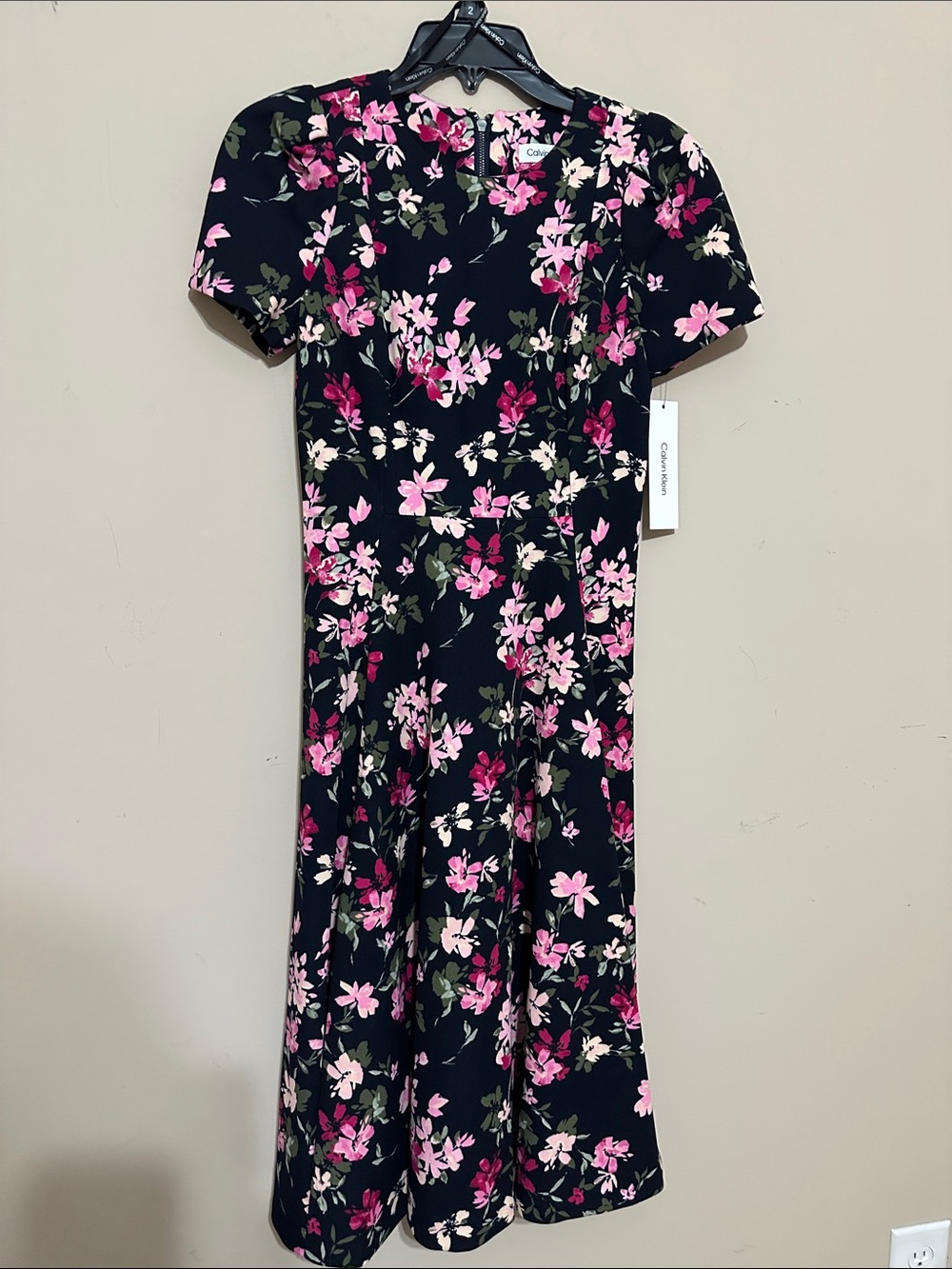 Calvin Klein Black Midi Dress with Pink Floral Print NWT
